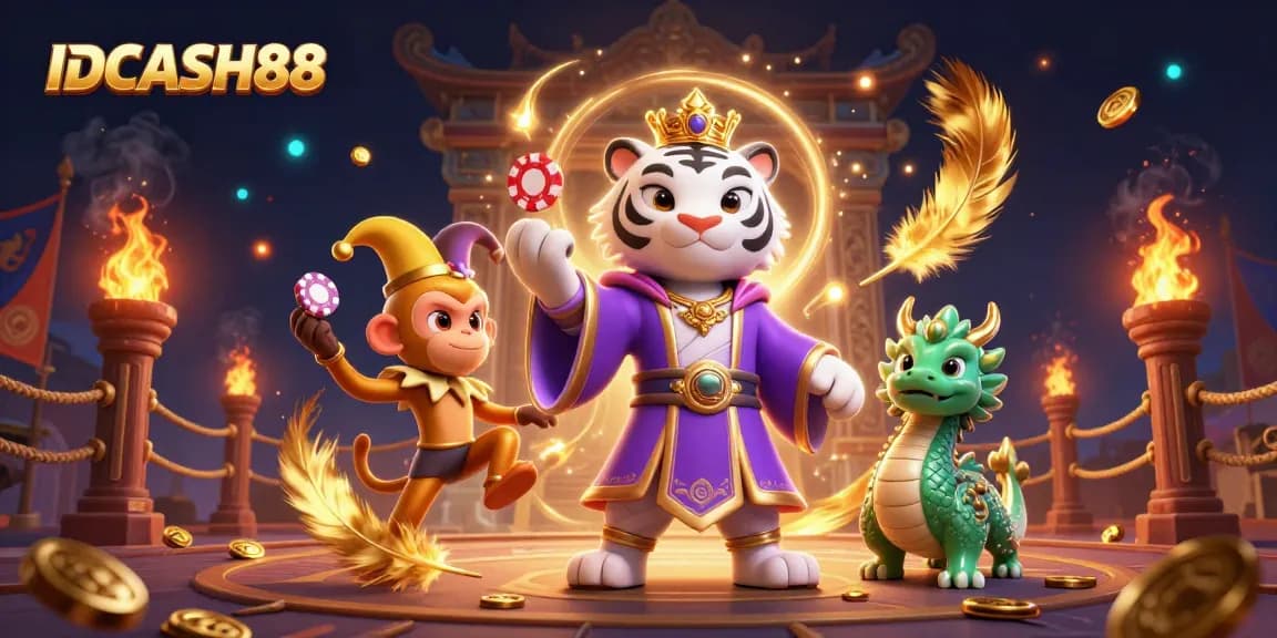 Experience excitement with IDCASH88 as the cartoon white tiger, monkey, and dragon celebrate the thrill of online slots.