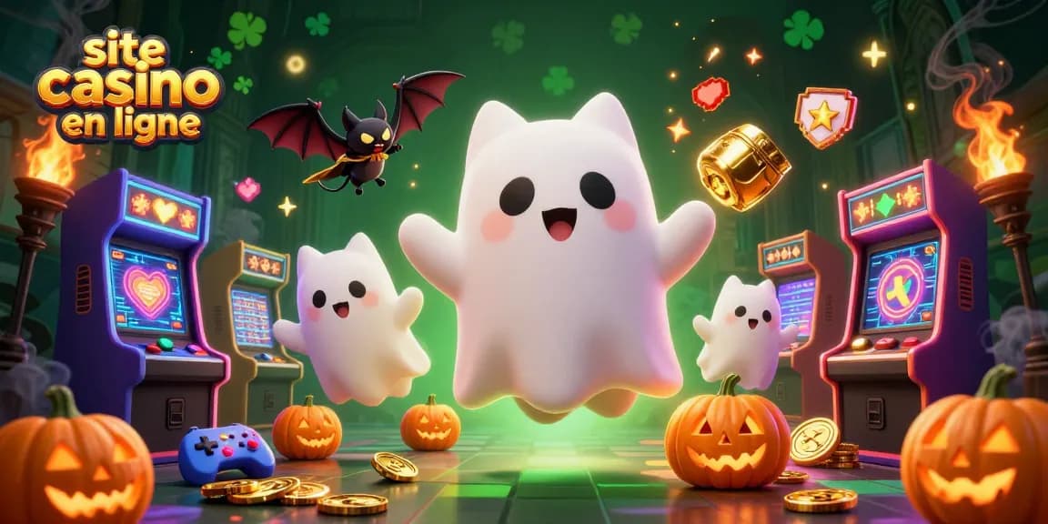 Un chat fantôme flottant dans un site casino en ligne, entouré de machines à sous et décorations festives.