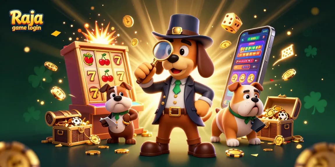 Join the excitement at Raja game login, featuring a whimsical detective and treasure hunt amidst a thrilling casino background.