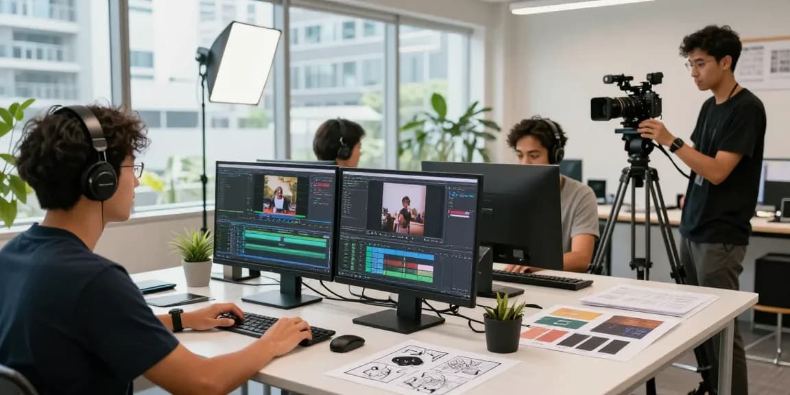 Collaborative videographers showcasing videography services in SG in a vibrant studio.
