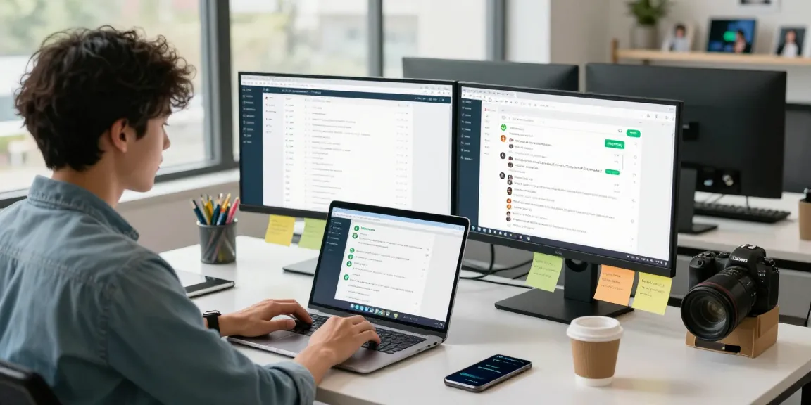 Young professional accessing WhatsApp網頁版 on laptop in a modern workspace.