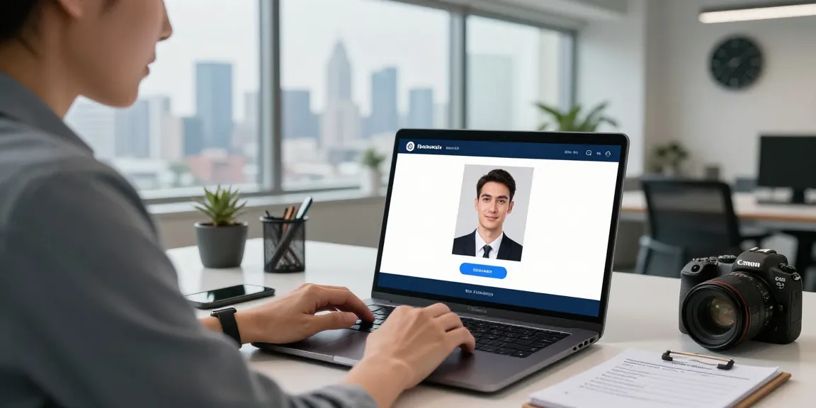 Professional using an age verification system on a laptop in a modern office setting.