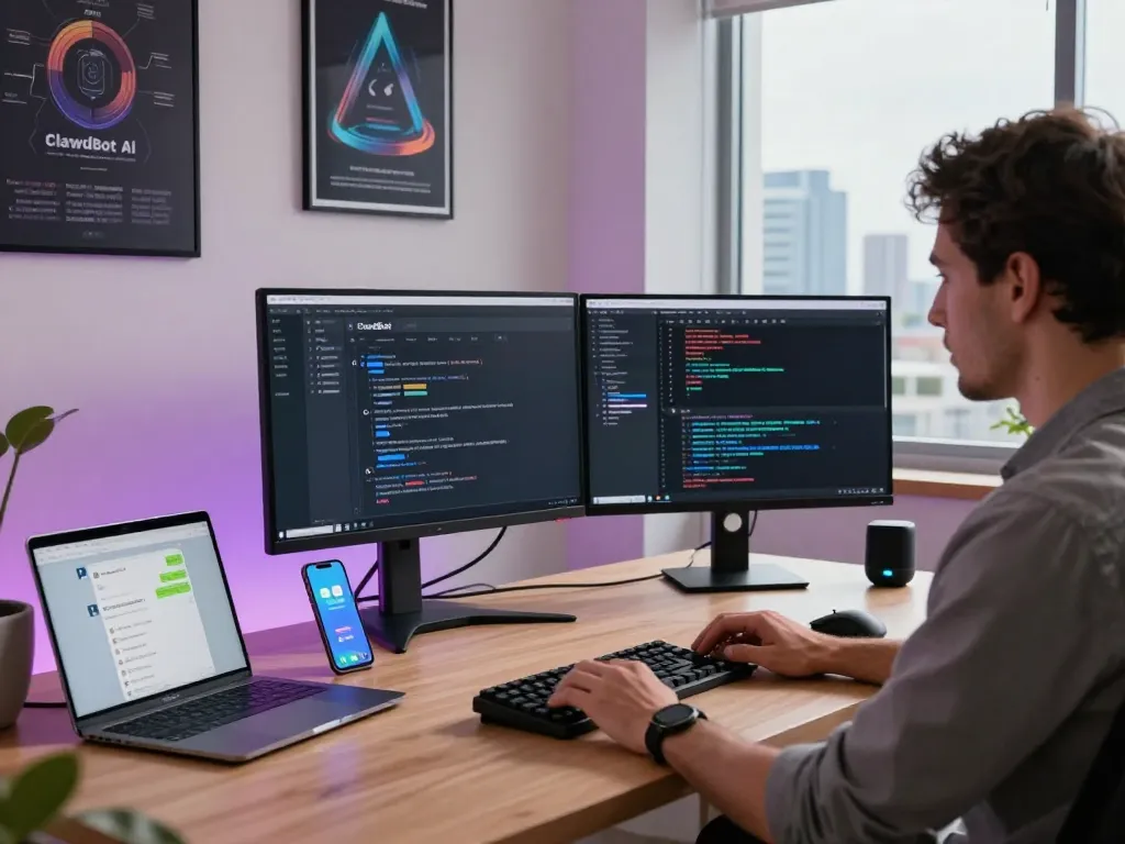 Developer using clawdbot ai on dual monitors in a modern workspace, showcasing productivity and innovation.