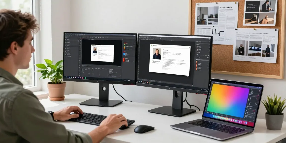 Developer using 截图软件 on dual monitors in a bright tech workspace, highlighting productivity.