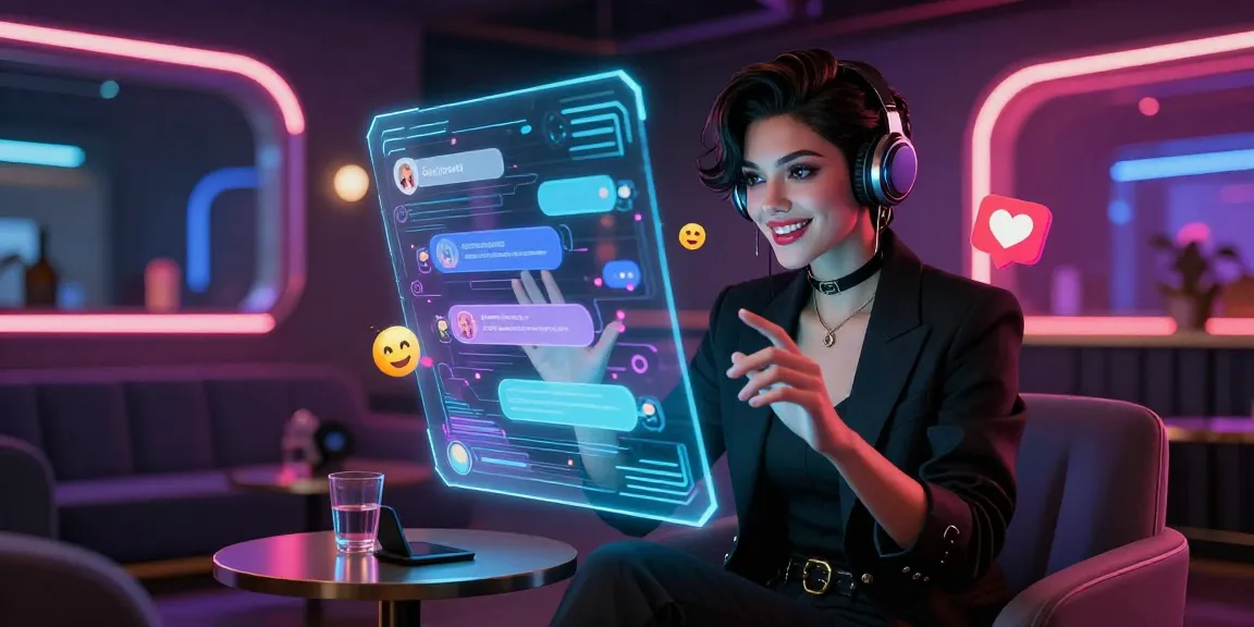 Interactive scene of NSFW AI chat showcasing vibrant character engagement with users in a futuristic digital lounge, emphasizing ai chat nsfw.