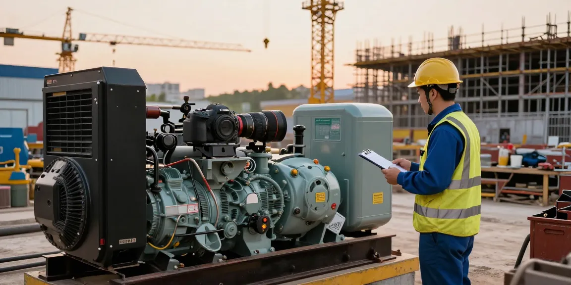 Technician inspecting a diesel genset at a construction site.