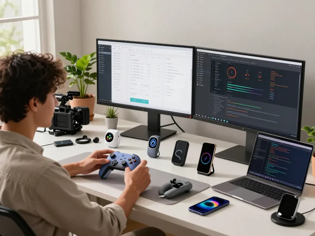 Engaged person testing affordable tech gadgets in a modern workspace with Bluetooth devices and creative tech interfaces.
