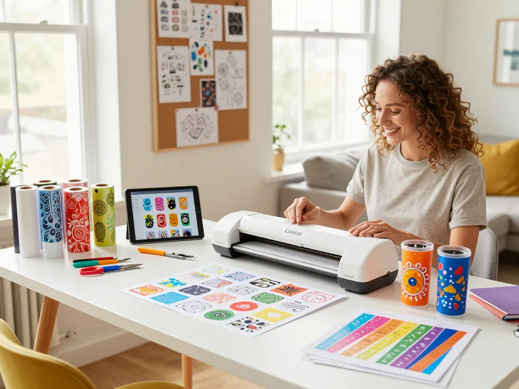 Craftsman using a cricut svg bundle in a vibrant workspace with tumbler designs
