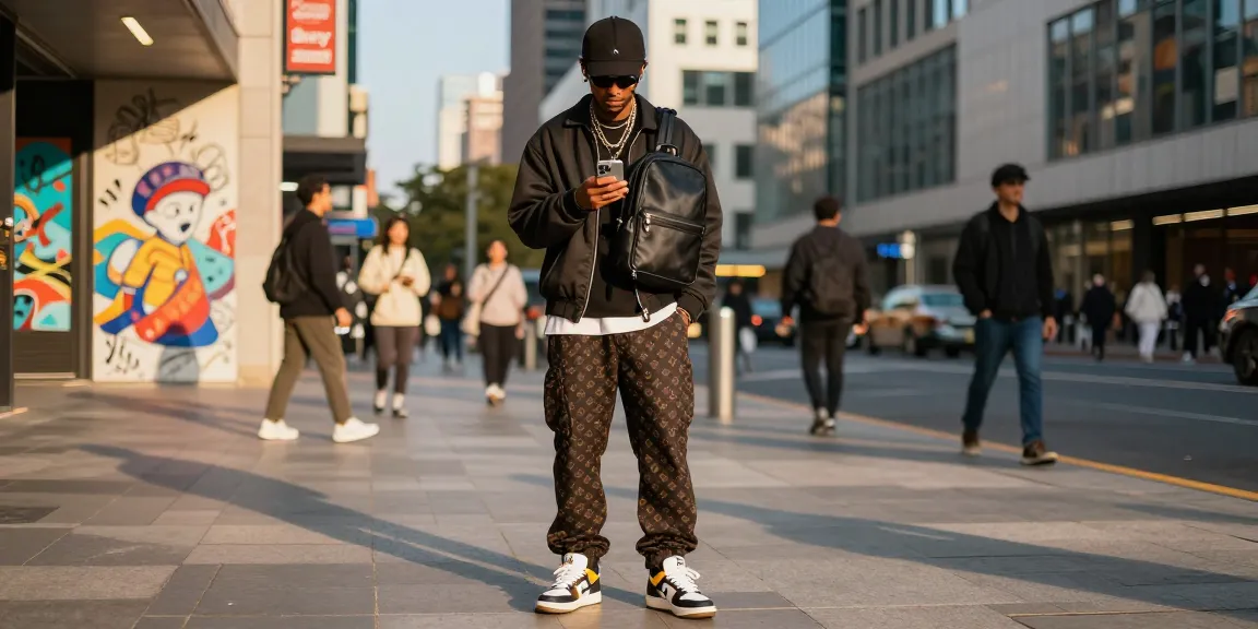 Stylish individual wearing high-end 레플리카 outfit in urban setting.