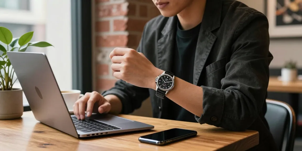 Fashionable individual reviewing super clone watches in a trendy café, showcasing stylish timepieces.