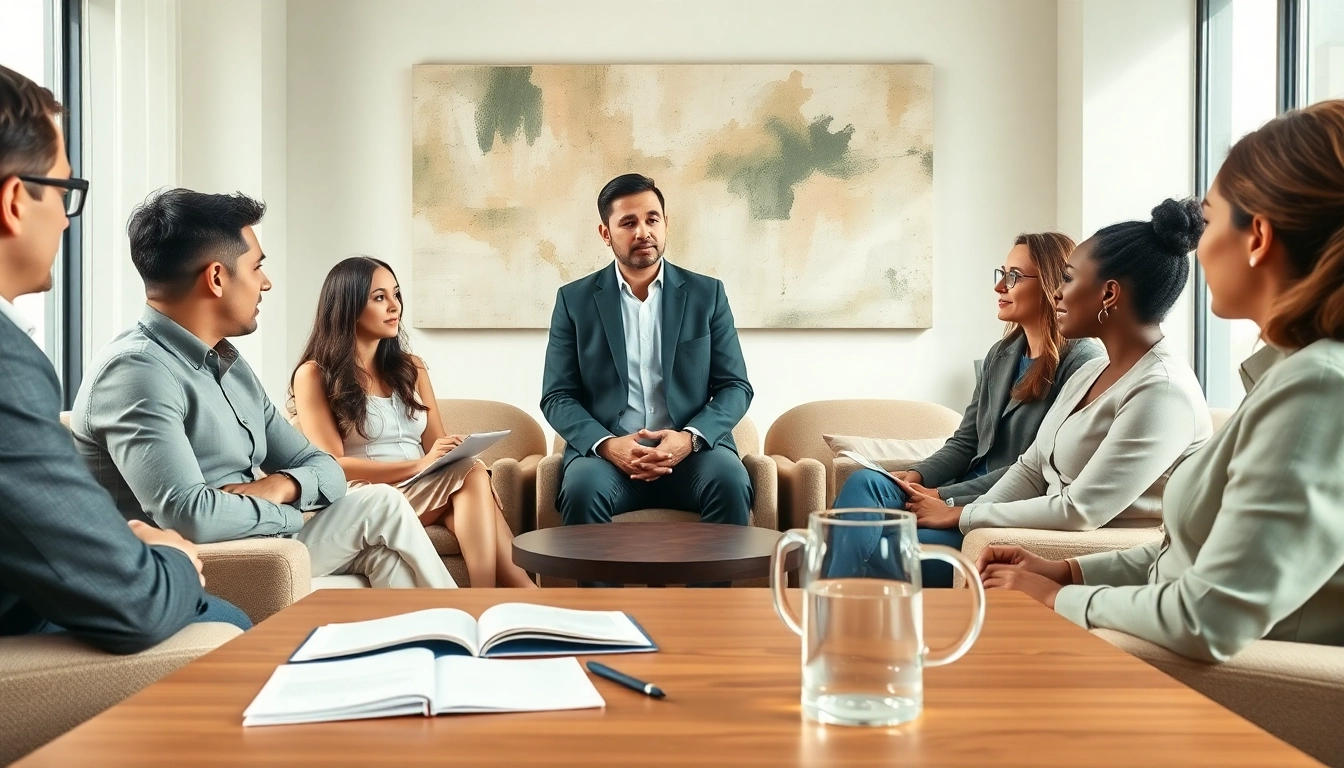 Mediation session in a modern office, showcasing a mediator facilitating discussion among participants.