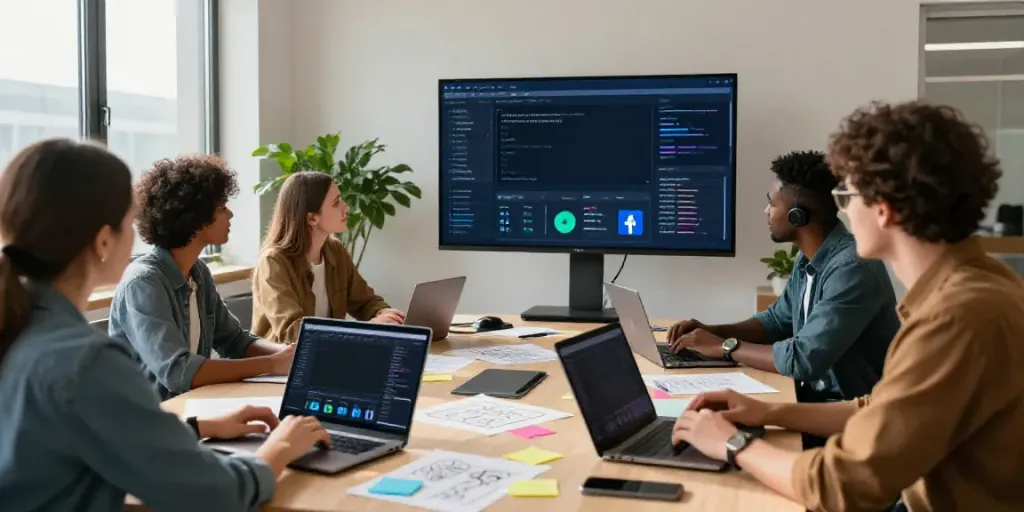 Team generating Facebook ad copy with AI in a modern marketing office.