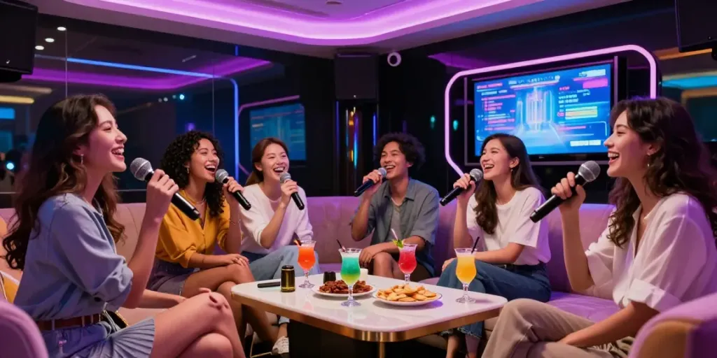 달토에서 즐거운 친구들과 함께 노래하는 세련된 분위기