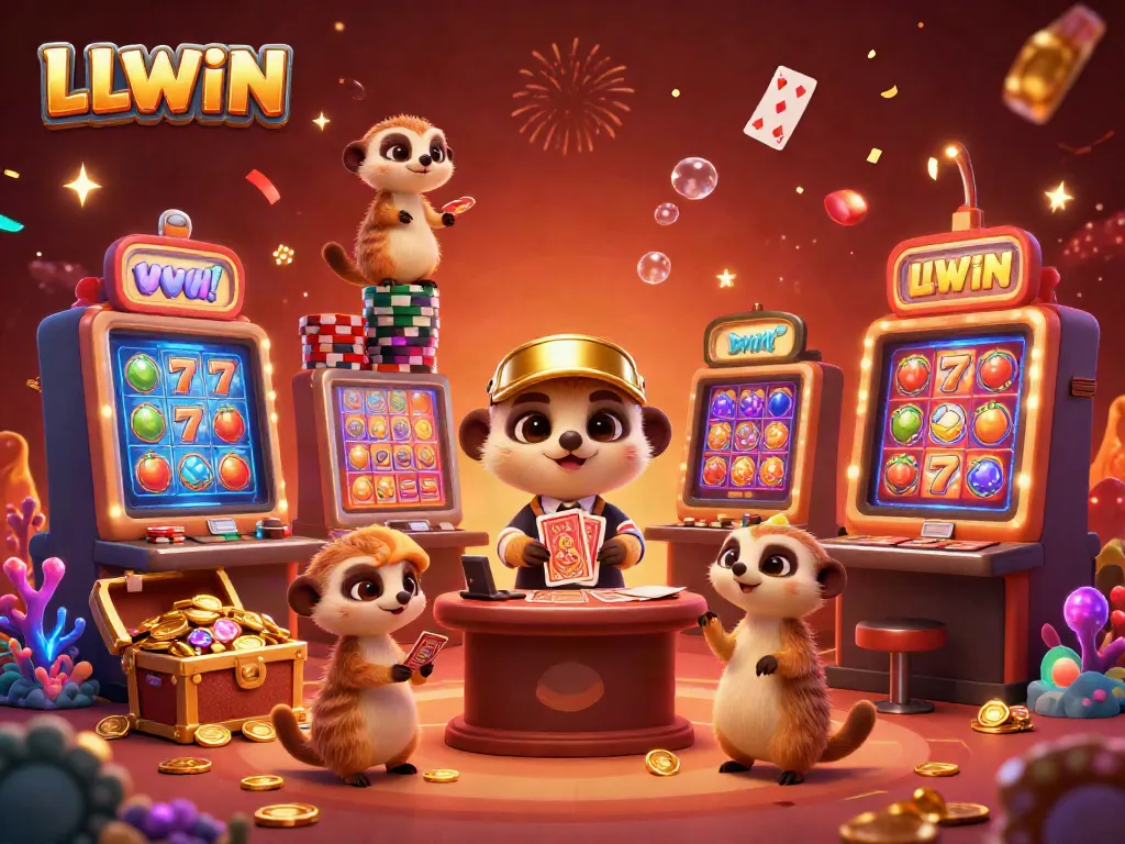 Engaging meerkat-themed casino scene showcasing LLWIN slots and jackpots with colorful characters.