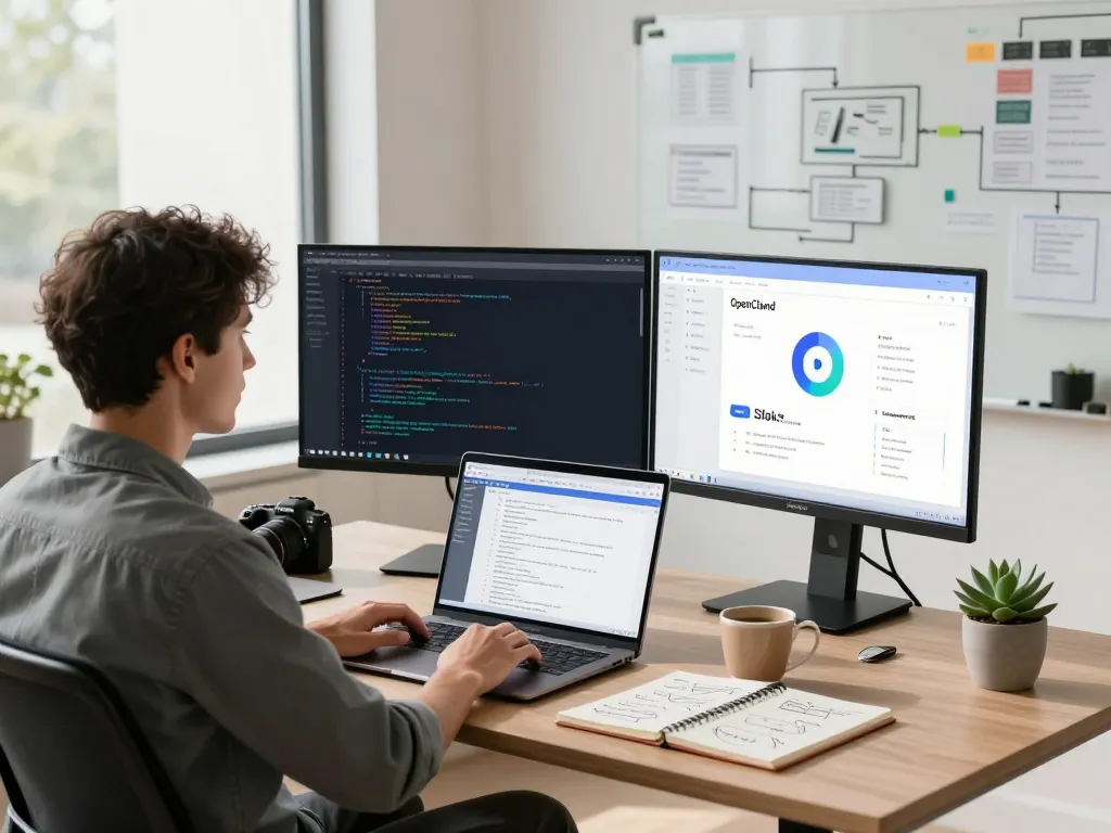 OpenClawd programming at a modern workspace with code on screens and collaboration tools.