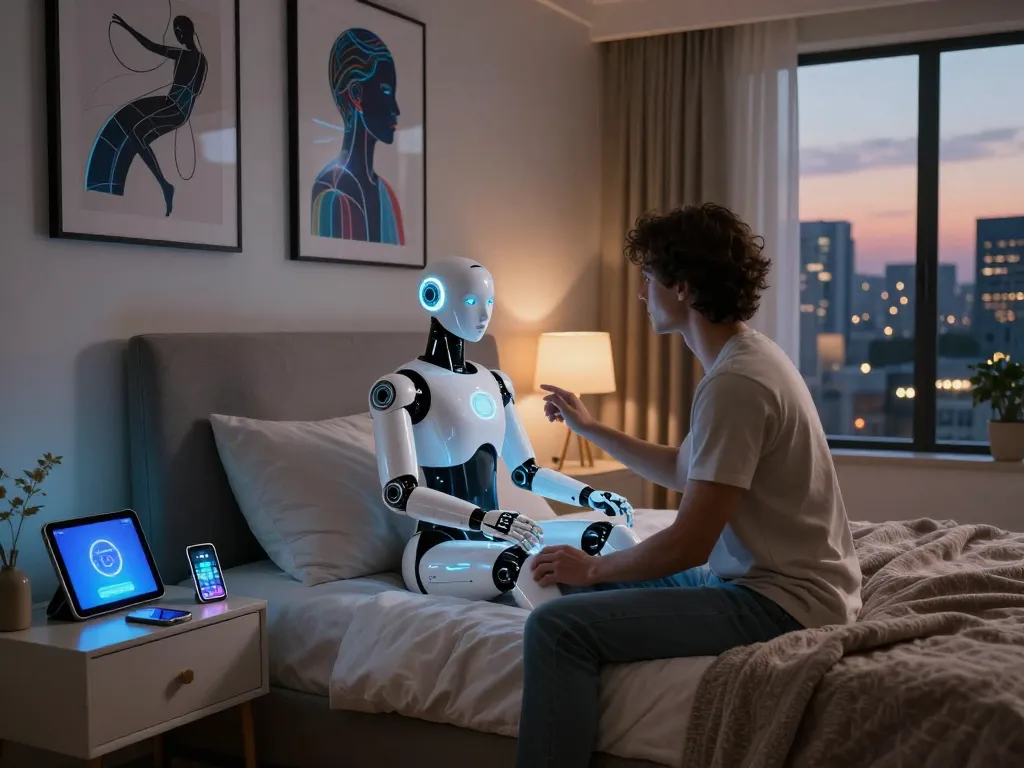 Couple exploring AI sex technology in a cozy modern bedroom, showcasing intimate connection and innovative design.