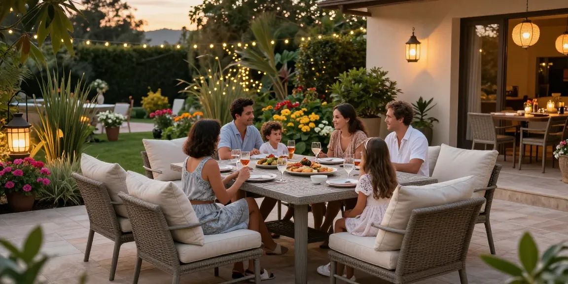 Gathering around luxurious patio furniture sets in a beautiful outdoor garden.