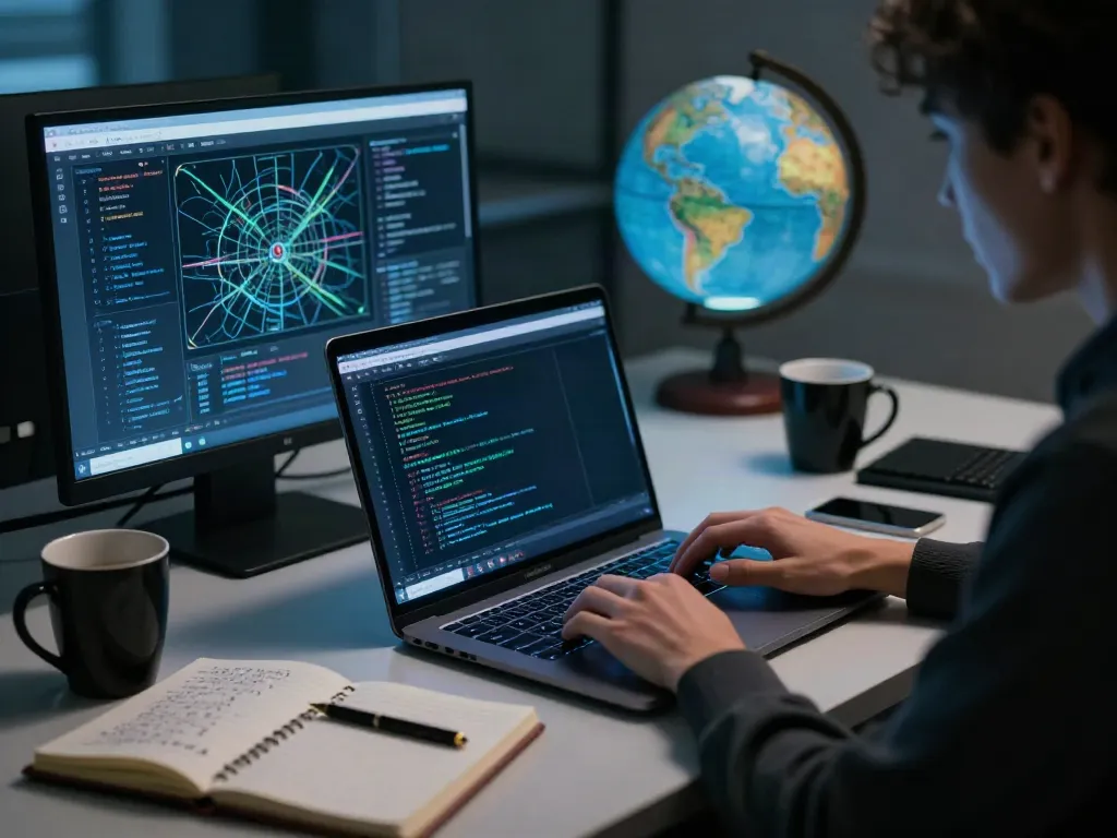A person exploring the hidden wiki dark web on a laptop in a dimly lit room filled with monitors and notes.