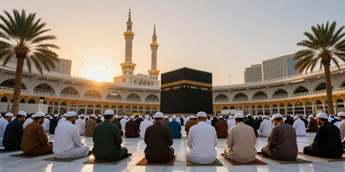 Captivating scene of Umroh Ramadhan at sunset, with pilgrims praying around the Ka'bah, highlighting the spiritual journey of travelers.