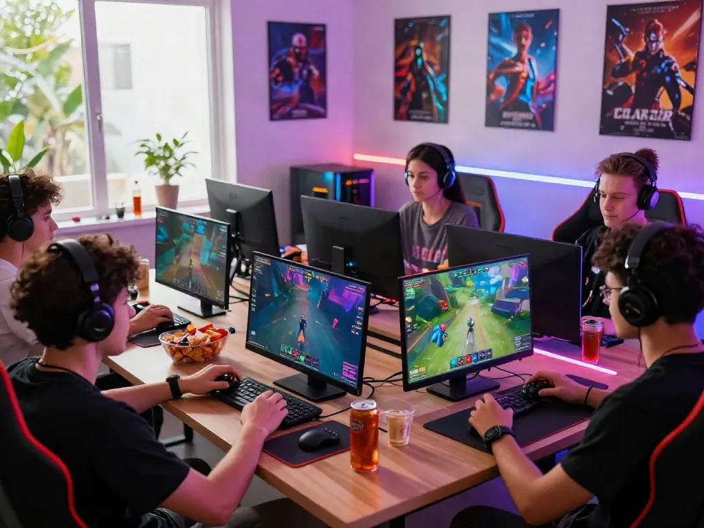 Pengalaman gaming online yang menyenangkan dengan JPTOTO, teman bermain, dan monitor modern.
