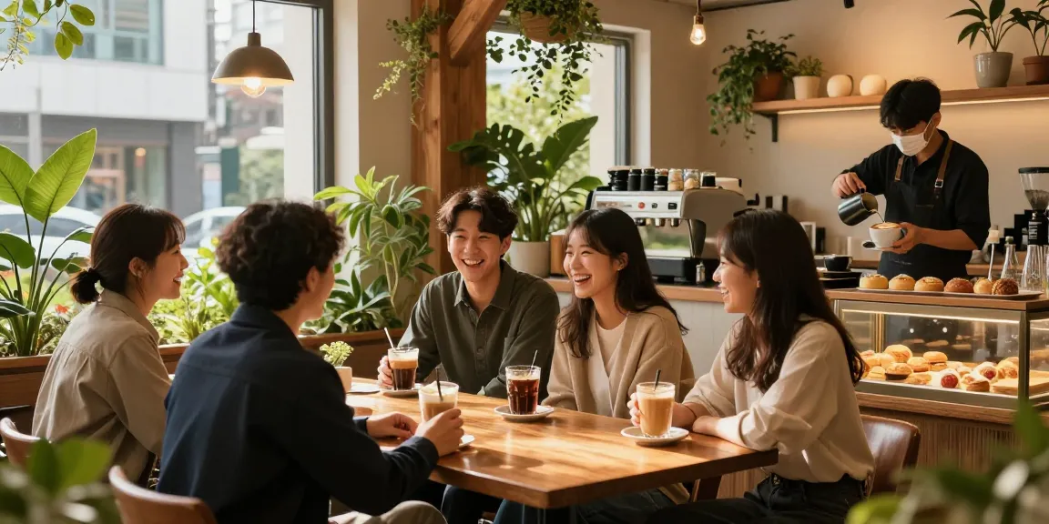 강남쩜오 멀리건의 따뜻하고 아늑한 분위기에서 친구들이 즐거운 시간을 보내는 모습