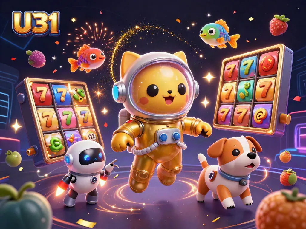 Spin to win with U31 in this vibrant 3D casino scene featuring slots and jackpot elements.