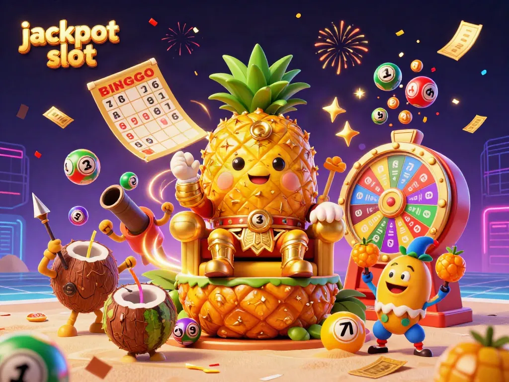 Experience a thrilling jackpot slot scene with a pineapple king and coconut guards in a lively casino atmosphere.