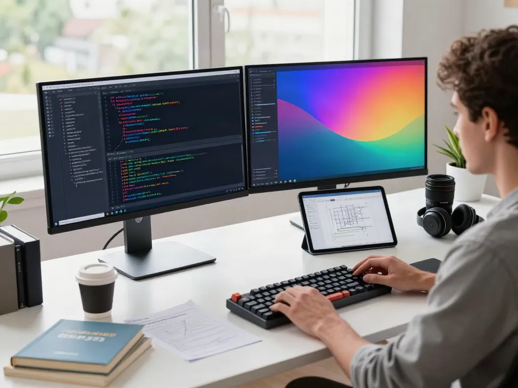 Innovative tech workspace with developer coding on dual monitors, showcasing a brave approach to software development.