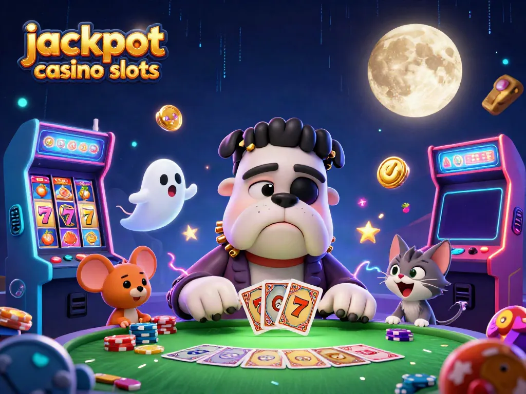 Experience the excitement of jackpot casino slots with a lively 3D illustration featuring unique characters and vibrant game elements.