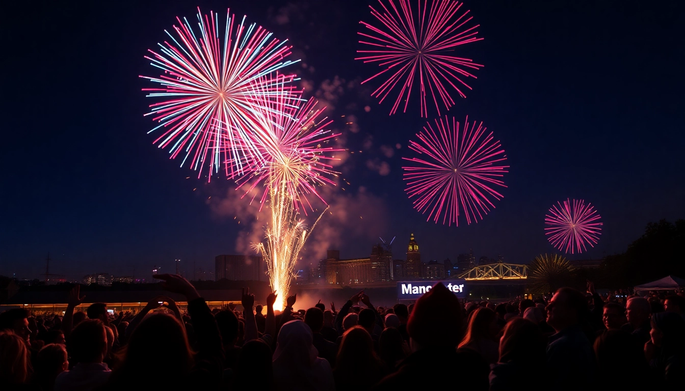 View of manchester fireworks brilliantly illuminating the night sky over an excited crowd.