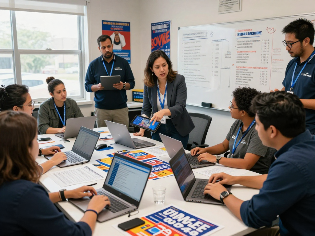 Team strategizing political search advertising in campaign office with data reports and digital analytics.