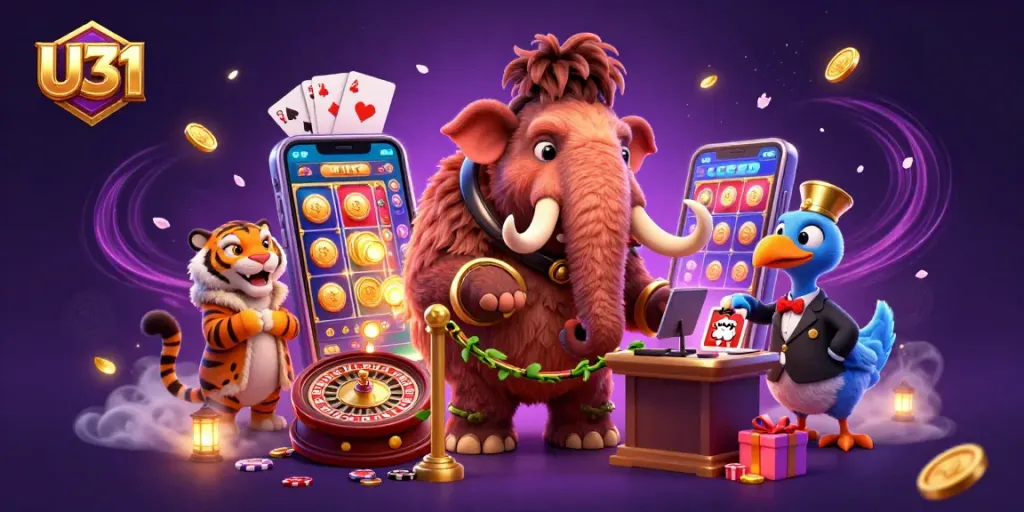 U31 casino bouncer checks IDs as a saber-tooth tiger VIP and dodo doorman welcome you to a vibrant gaming experience.