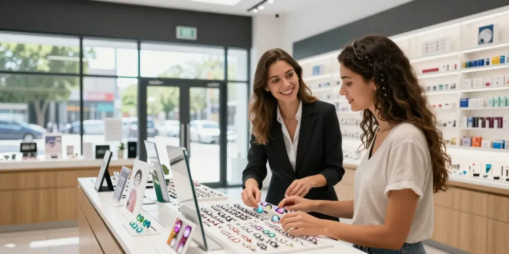 Lentes de contato coloridas em exibição com vendedora ajudando cliente na ótica