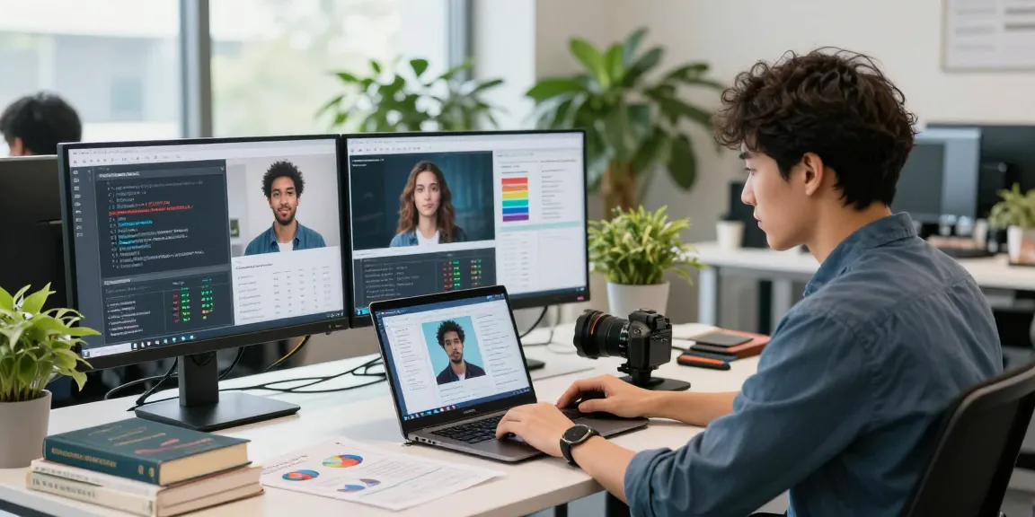 Data scientist using a free ai image detector in a modern office setting, analyzing AI-generated images and results.