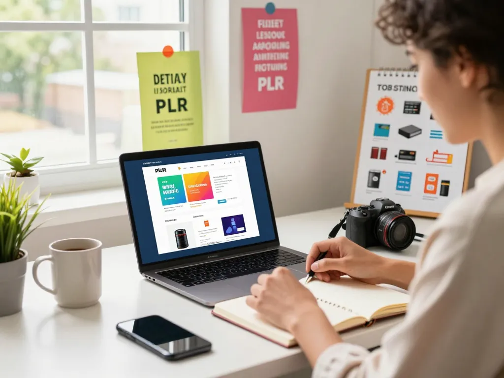 Buy PLR Digital Products and create marketing strategies in a vibrant e-commerce workspace.