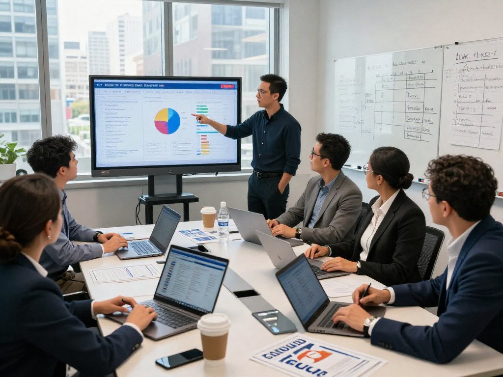 Engaged team discussing political fundraising services with voter data analytics during a strategy meeting.