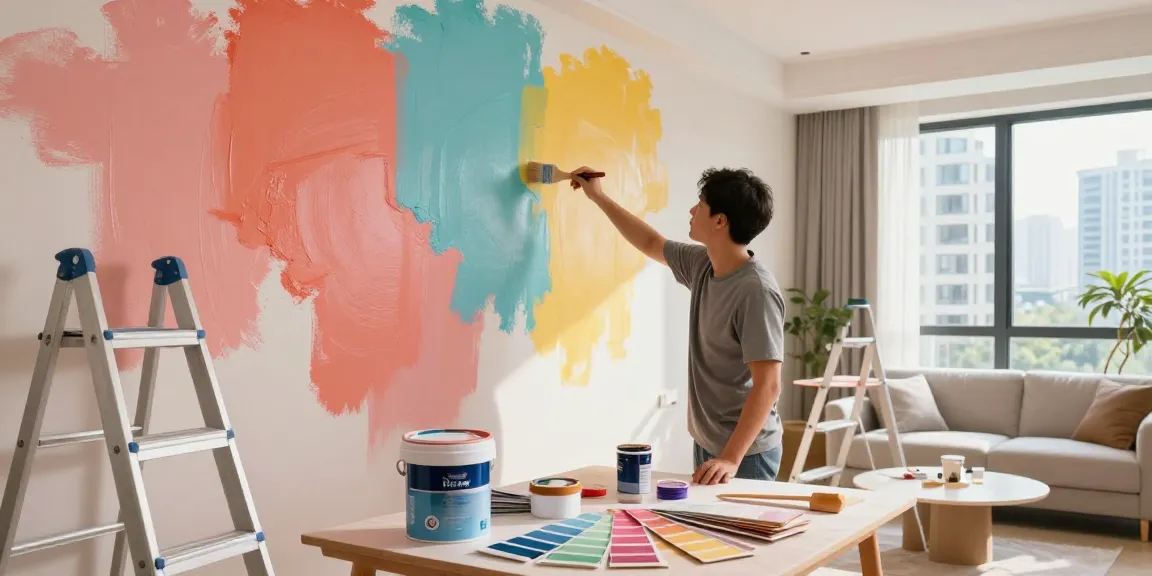 Painter demonstrating painting renovation Hong Kong in a stylish living room, applying moisture-resistant paint.
