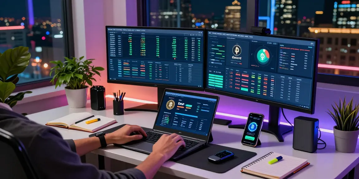 Mining crypto online in a modern home office with monitors showing blockchain data and cryptocurrency wallet.