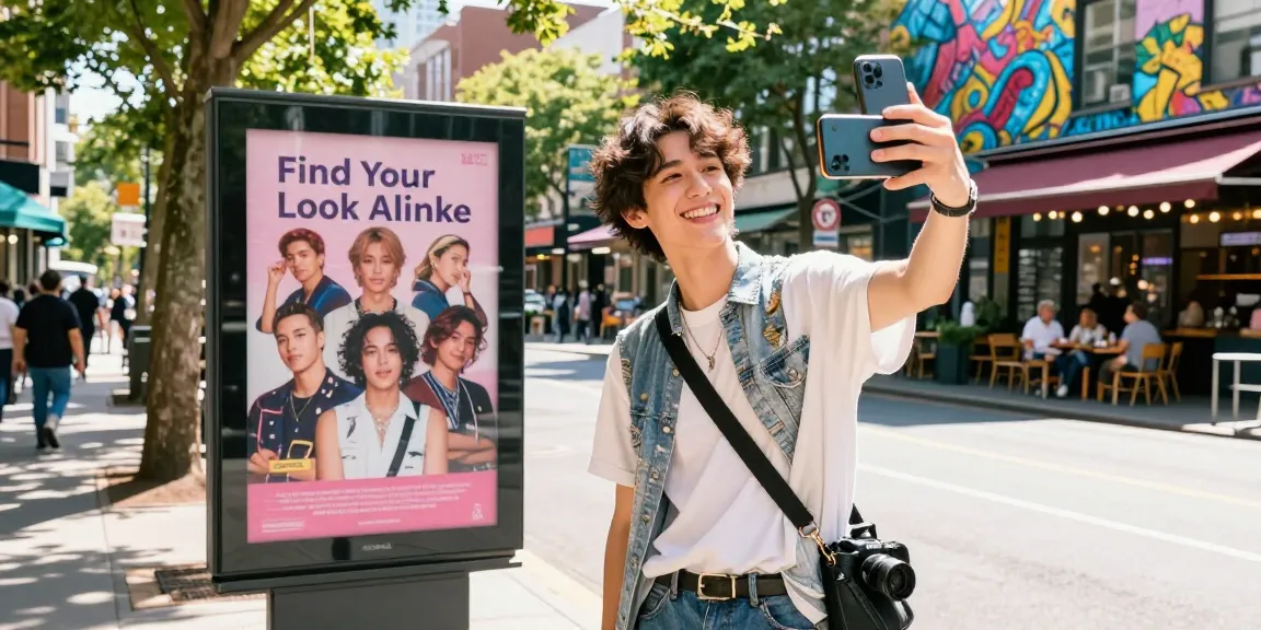 Young adult using a smartphone to find their celebrity look alike in a vibrant urban environment.