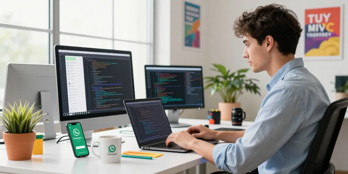 WhatsApp下載 and coding scene in a modern workspace highlighting productivity and tech innovation.