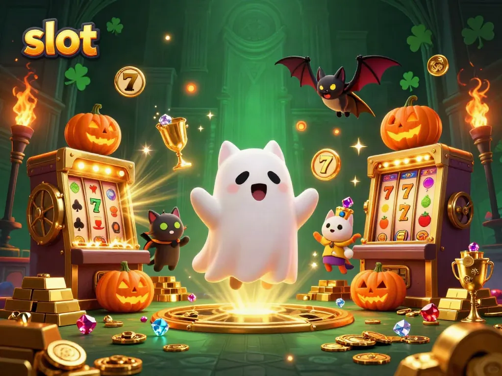 Slot mata uang emas berkilau dan hantu kucing ramah di kasino.