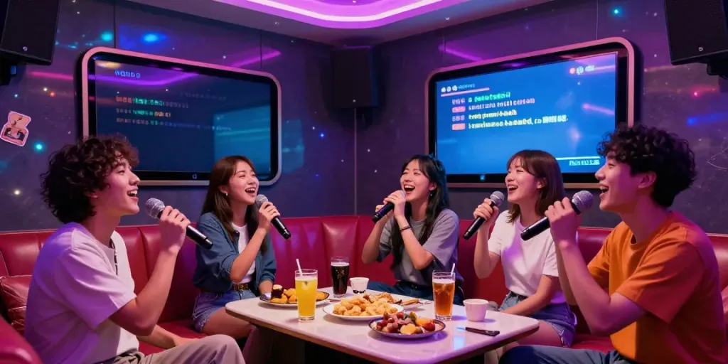 도파민 가라오케에서 친구들과 함께 즐겁게 노래를 부르는 장면, 화려한 조명과 함께하는 즐거운 분위기