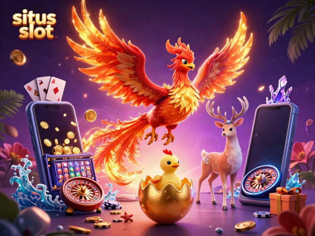 Ilustrasi 3D langsung menghidupkan situs slot, dengan phoenix berapi dan permainan kasino menakjubkan.