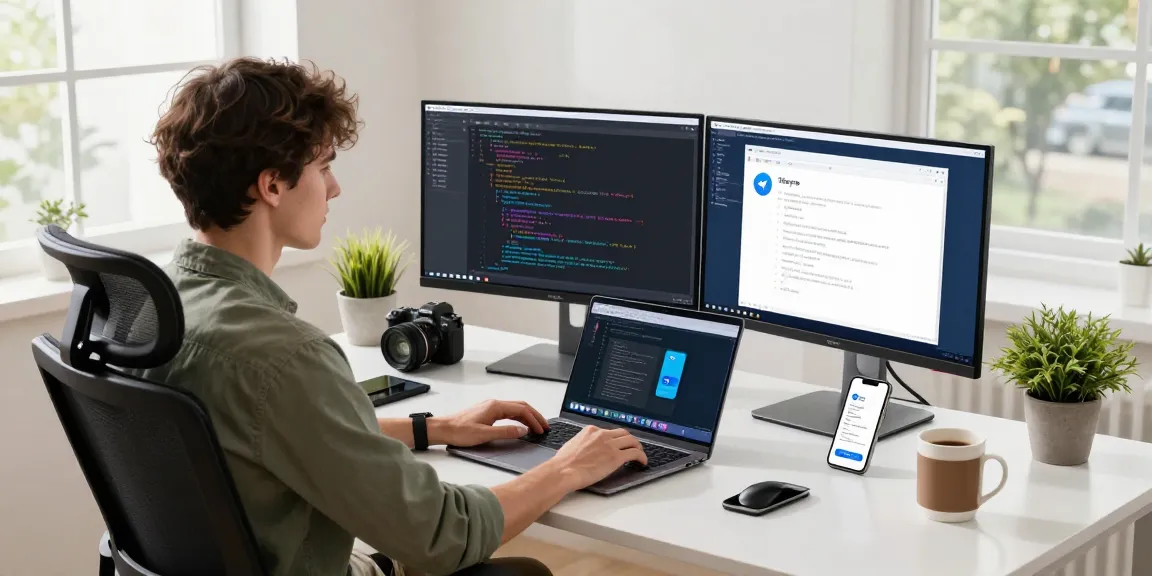Developer coding on dual monitors showcasing 纸飞机中文版官网 with a modern tech workspace atmosphere.