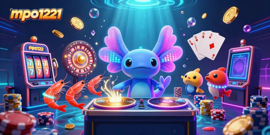 Engage with mpo1221's lively casino scene showcasing vibrant characters and slot machines.