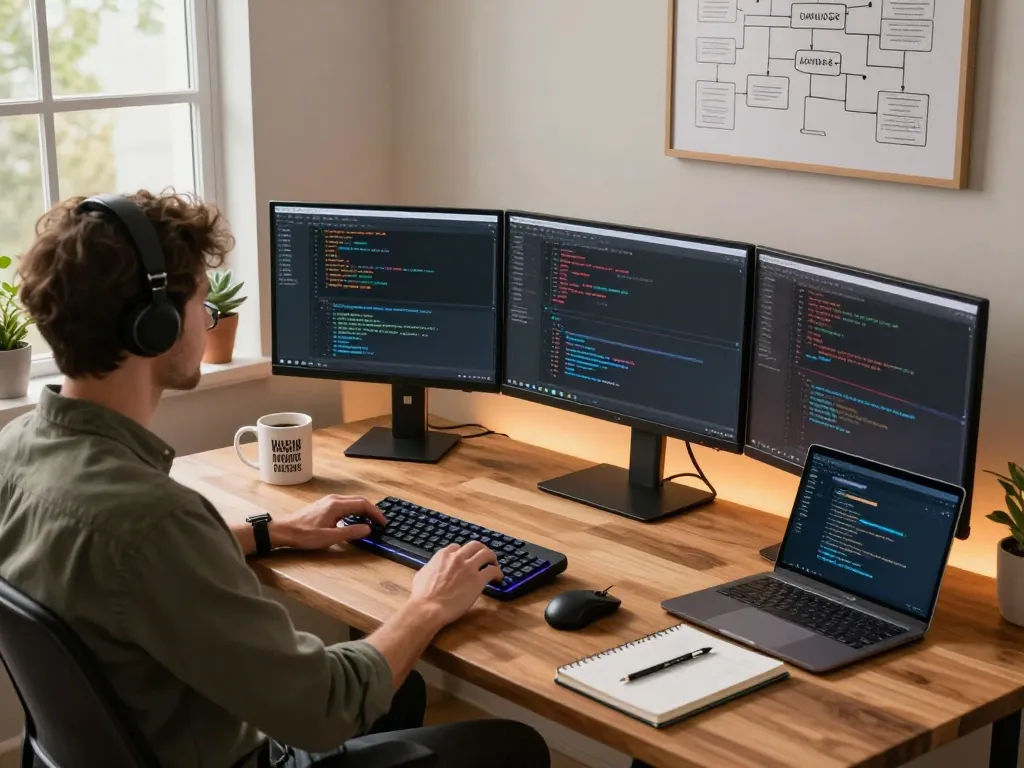 Developer using moltbot ai in a modern home office with multiple screens displaying code and design.