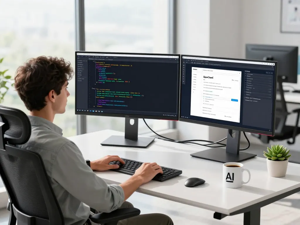 Developer engaging with OpenClawd automation in a modern office setup, showcasing productivity and innovation.