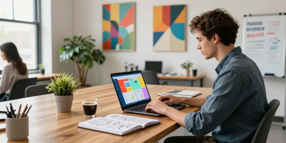 Self-employed individual working in a modern co-working space with laptop, notebook, and coffee, showcasing productivity and creativity.