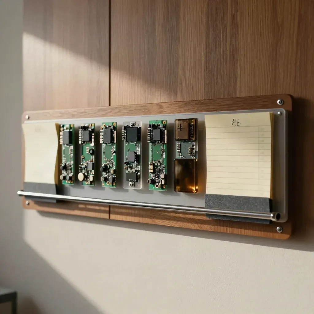 A research board with clipped source cards and translucent sleeves on a walnut wall.