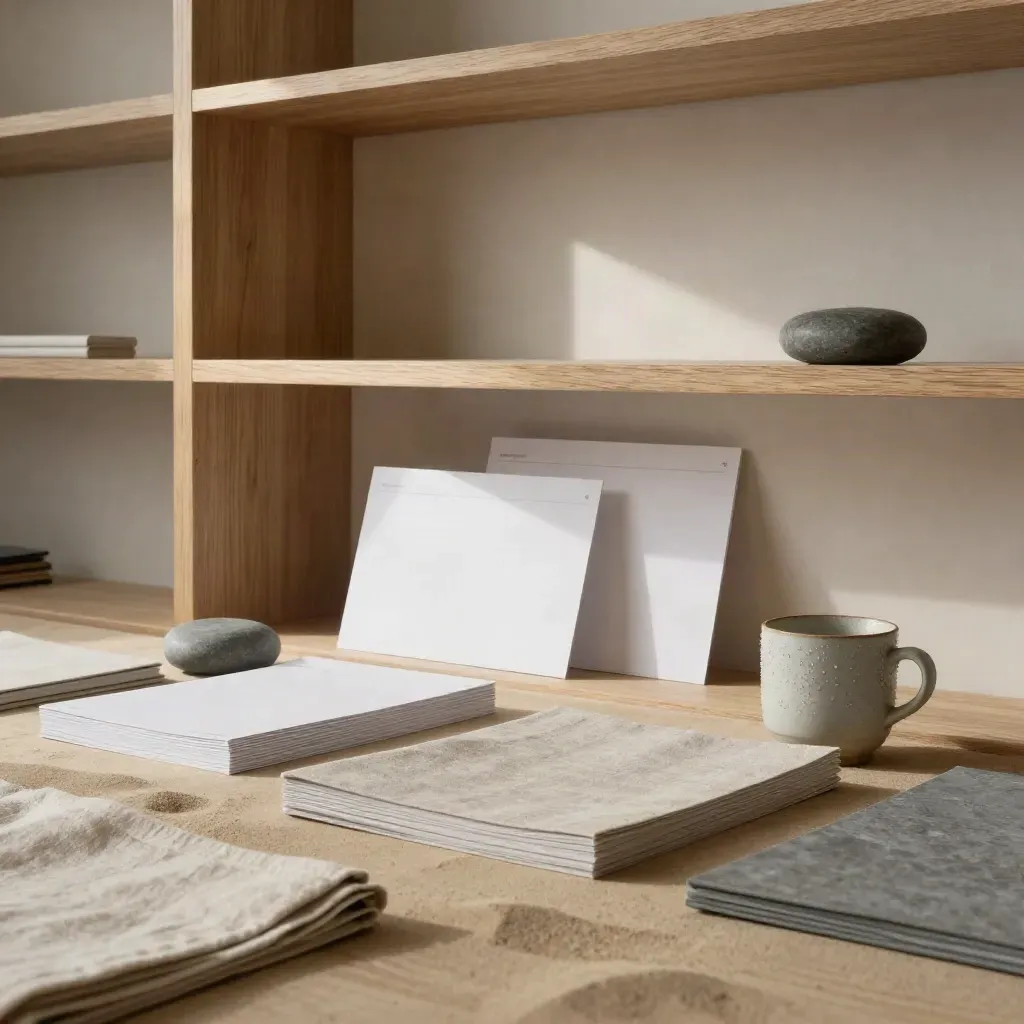 Consulting studio still life with oak, plaster, cards, linen portfolio, stone, and ceramic cup